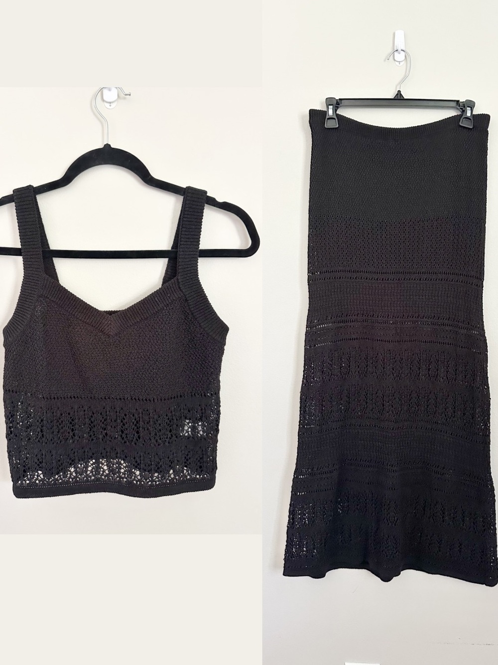 Minnie Rose Black Crochet Knit Tank Midi Skirt Set Size Small Linen Blend Resort